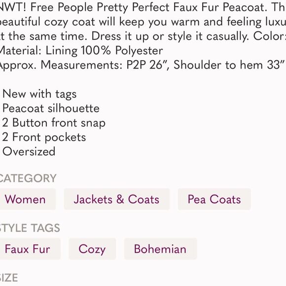 NWT FREE PEOPLE Pretty Perfect Fur Peacoat / Tea XL - Picture 9 of 9